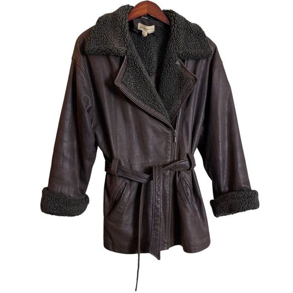 Vintage 90s Y2K Colebrook & Co Brown Leather Sherpa Lined Coat Jacket Small - Picture 1 of 13